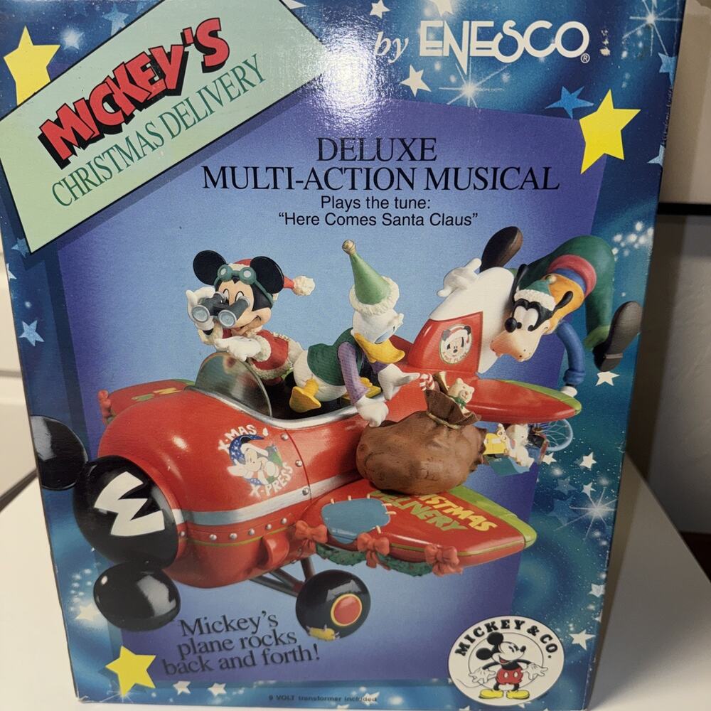 Vtg Enesco Disney Mickey’s Christmas Delivery Multi-Actional Music MIB